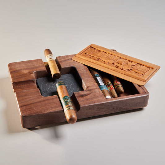Walnut cigar ashtray with 3d carved cherry lid